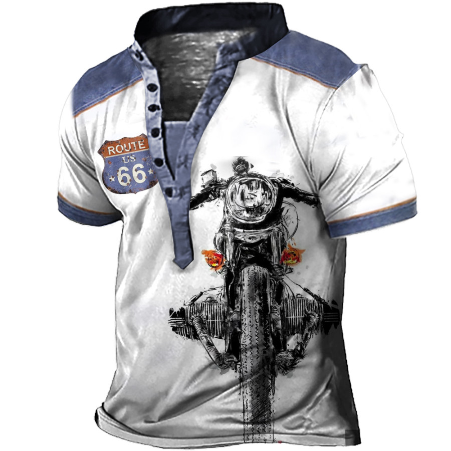 

Men's Vintage Motorcycle Route 66 Print Henley Collar T-Shirt