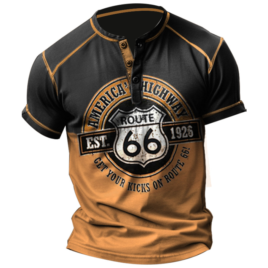 

T-shirt Da Uomo Con Colletto Henley Con Stampa Grafica Retrò Patchwork Route 66