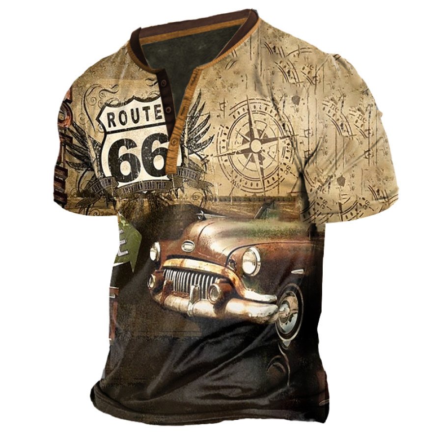 

Men's Retro Vintage Route 66 Compass Locomotive Print Henley Collar T-shirt