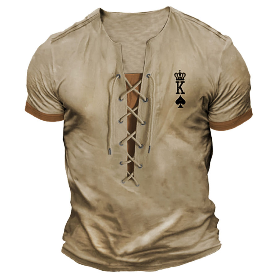 

Men's Vintage Playing Card Letter Print Colorblock Lace-Up T-Shirt