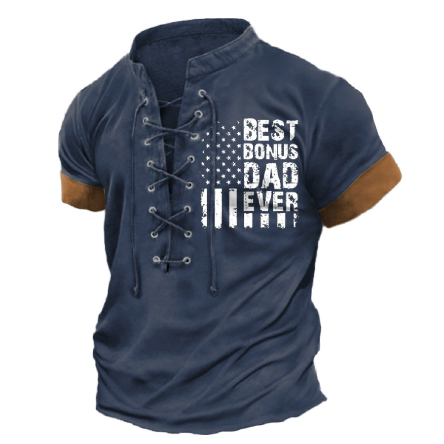 

Men's Vintage Best Dad American Flag Lace-Up Stand Collar T-Shirt