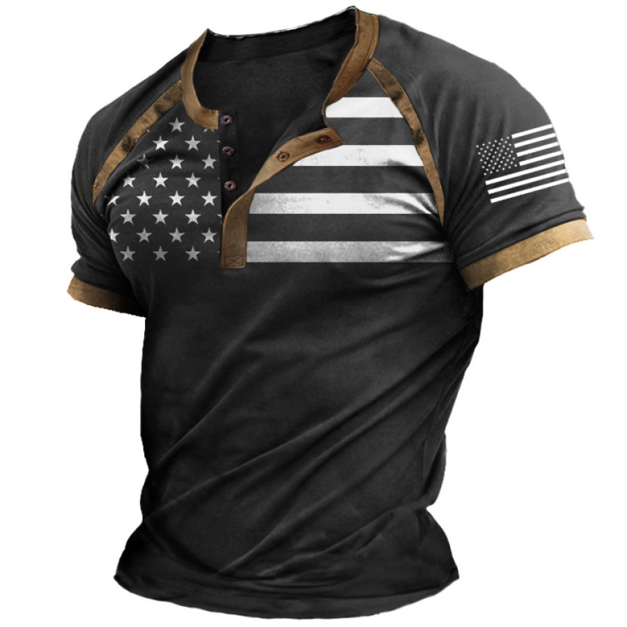 

Men's Outdoor Vintage American Flag Print Henley T-Shirt