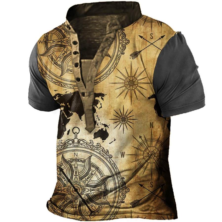 

Men's Vintage Nautical Map Compass Colorblock Henley T-Shirt
