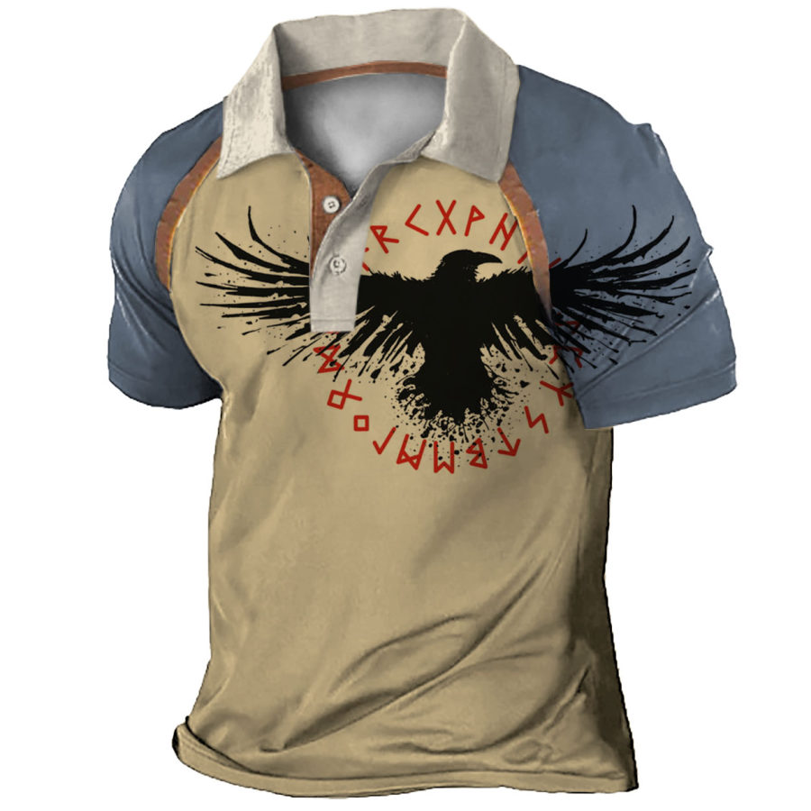 

Men's Vintage Viking Eagle Print Colorblock Polo T-Shirt
