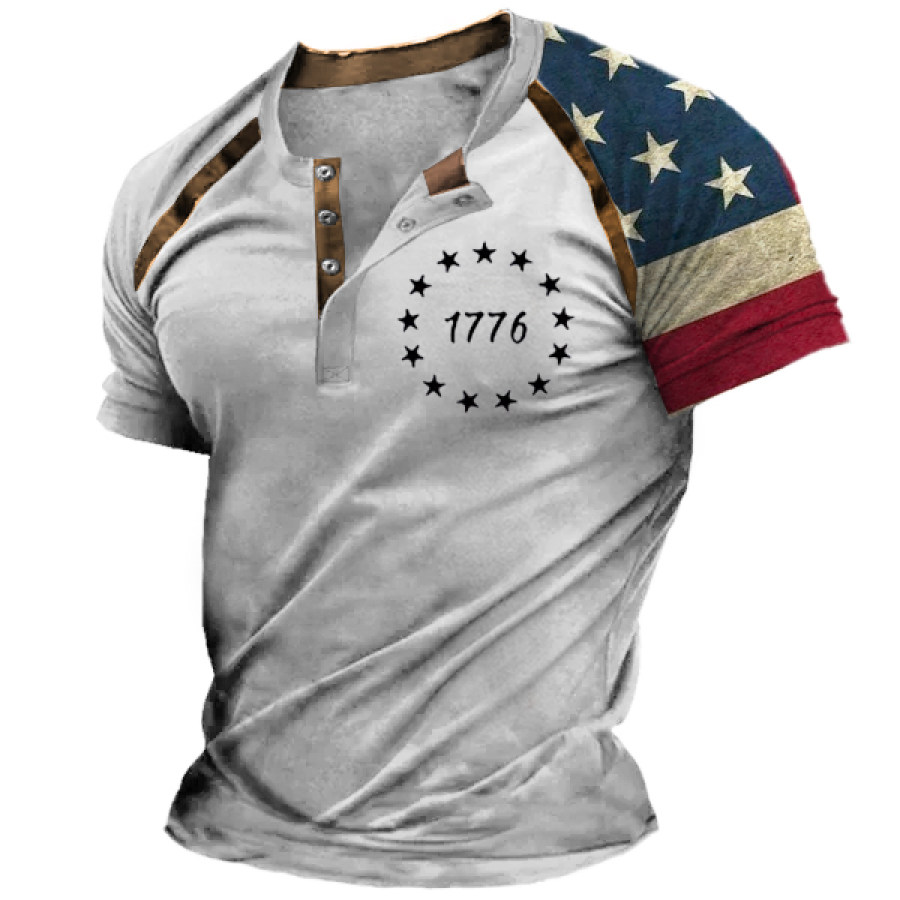 

Men's Outdoor Vintage 1776 American Flag Print Henley T-Shirt
