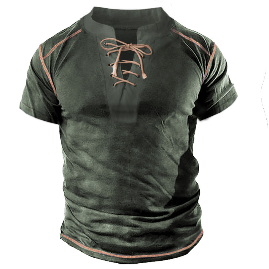 

Men's Vintage Drawstring Stand Collar Tactical Short Sleeve T-Shirt