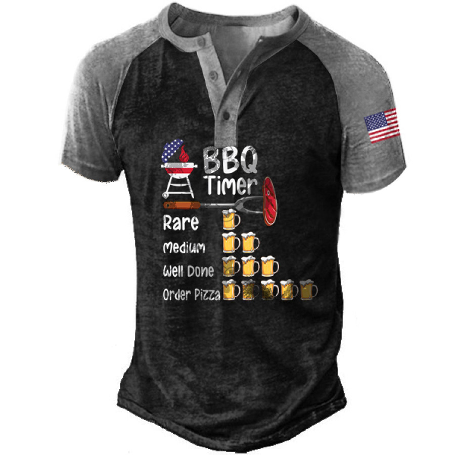 

BBQ Timer Tee With Glass Of Beer Funny Men Henley Tee