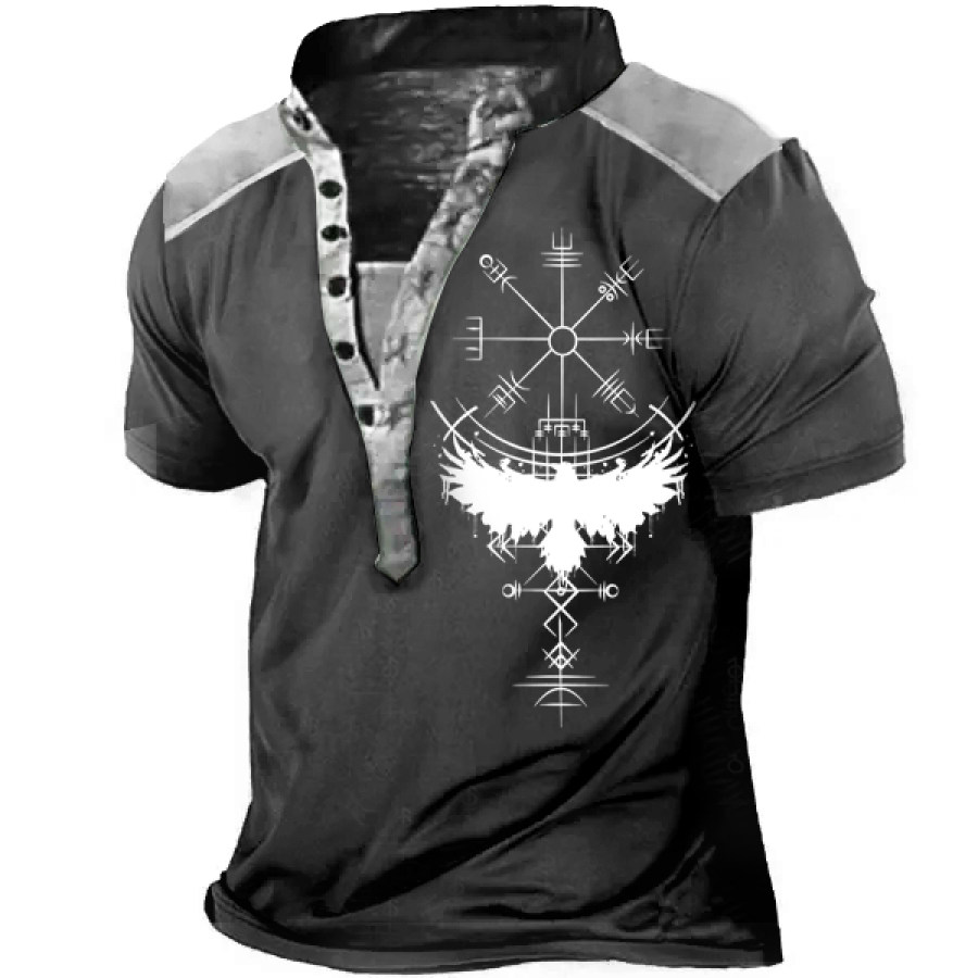 

Men's Vintage Viking Print Henley Stand Collar T-Shirt