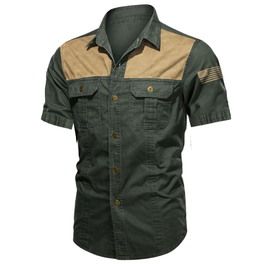 

Men's Outdoor American Flag Print Colorblock Tactical Cargo Shirt
