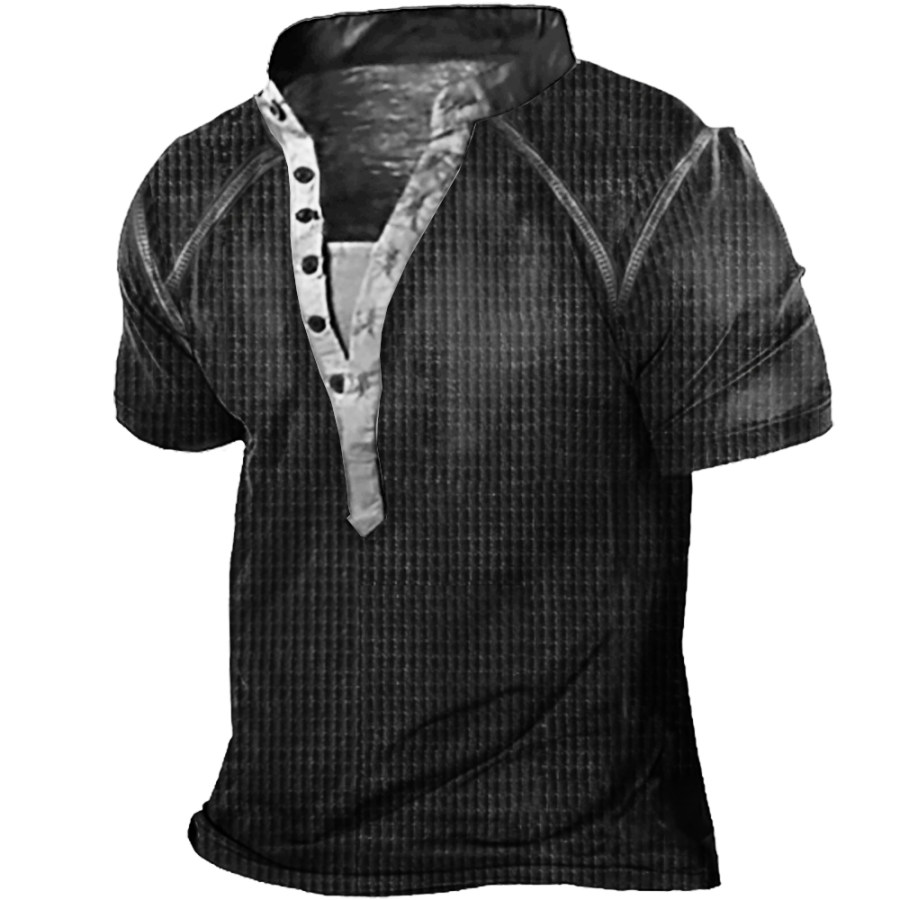 

Men's Outdoor Casual Solid Color Waffle Fabric Henley Collar T-Shirt