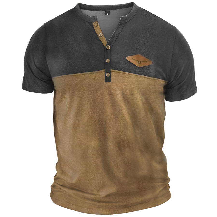 

Men's Vintage Western Cowboy Colorblock Henley Collar T-Shirt