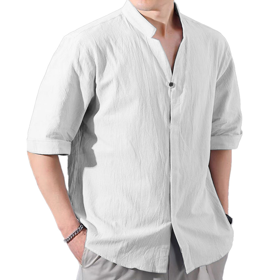 

Men's Solid Three-quarter Sleeve Stand Collar Linen Shirt