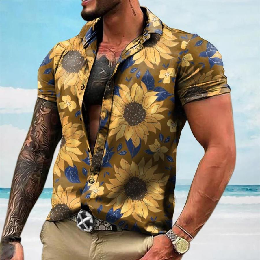 

Men's Casual Sunflower Print Short Sleeve Shirt