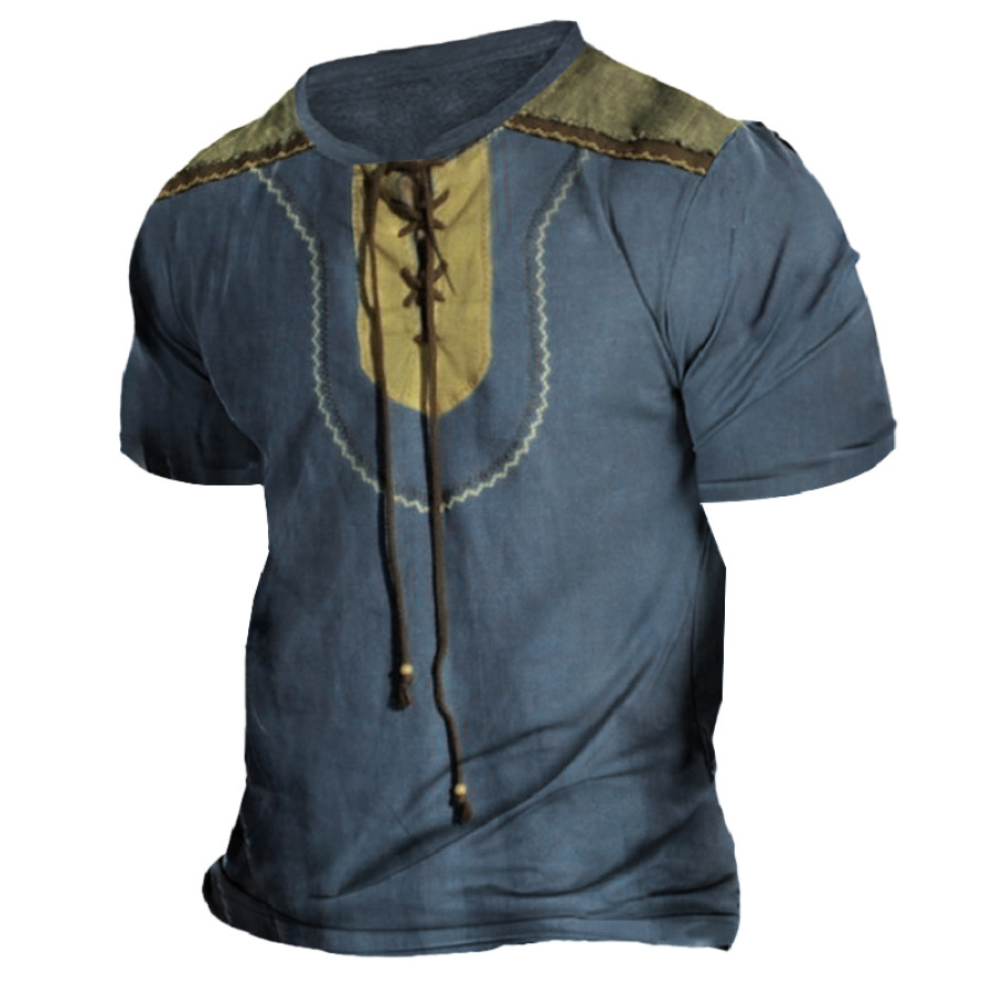 

Men's Retro Comfortable Breathable Retro Stitching Tie-neck T-shirt