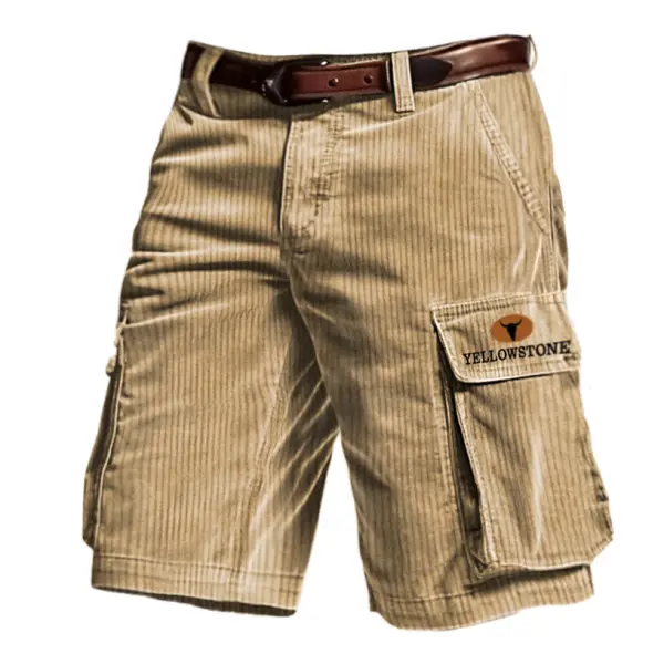 Men's Outdoor Vintage Yellowstone Print Corduroy Multi Pocket Shorts - Cotosen.com