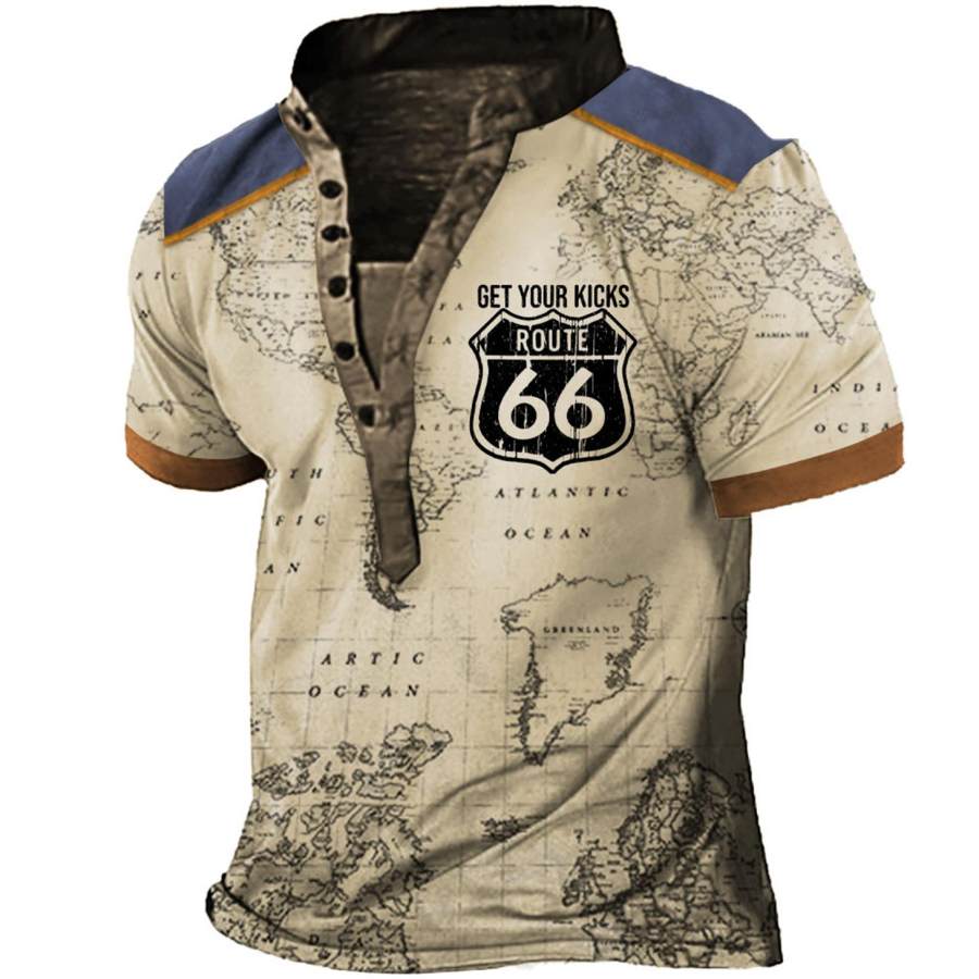 

Men's Vintage Nautical Map Route 66 Colorblock Henley T-Shirt