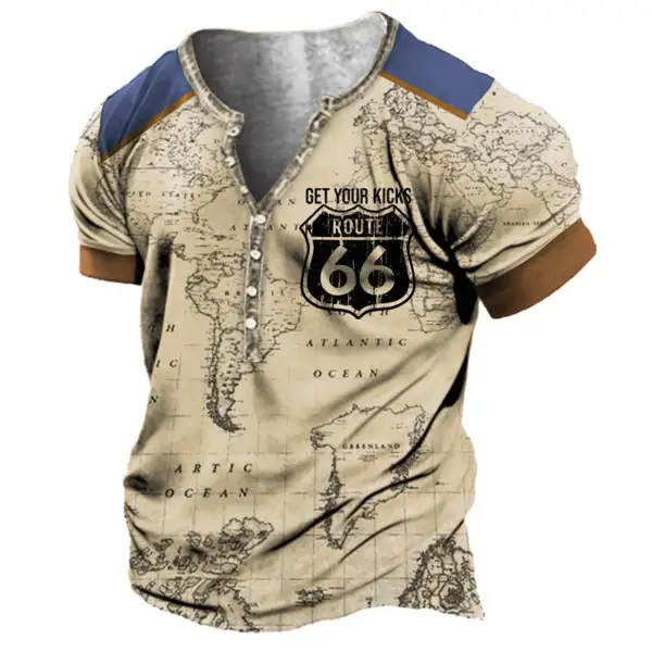Men's Vintage Nautical Map Route 66 Henley T-Shirt - Cotosen.com 