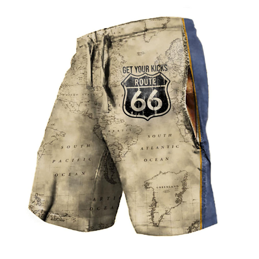 

Men's Vintage Nautical Map Route 66 Contrasting Color Drawstring Shorts