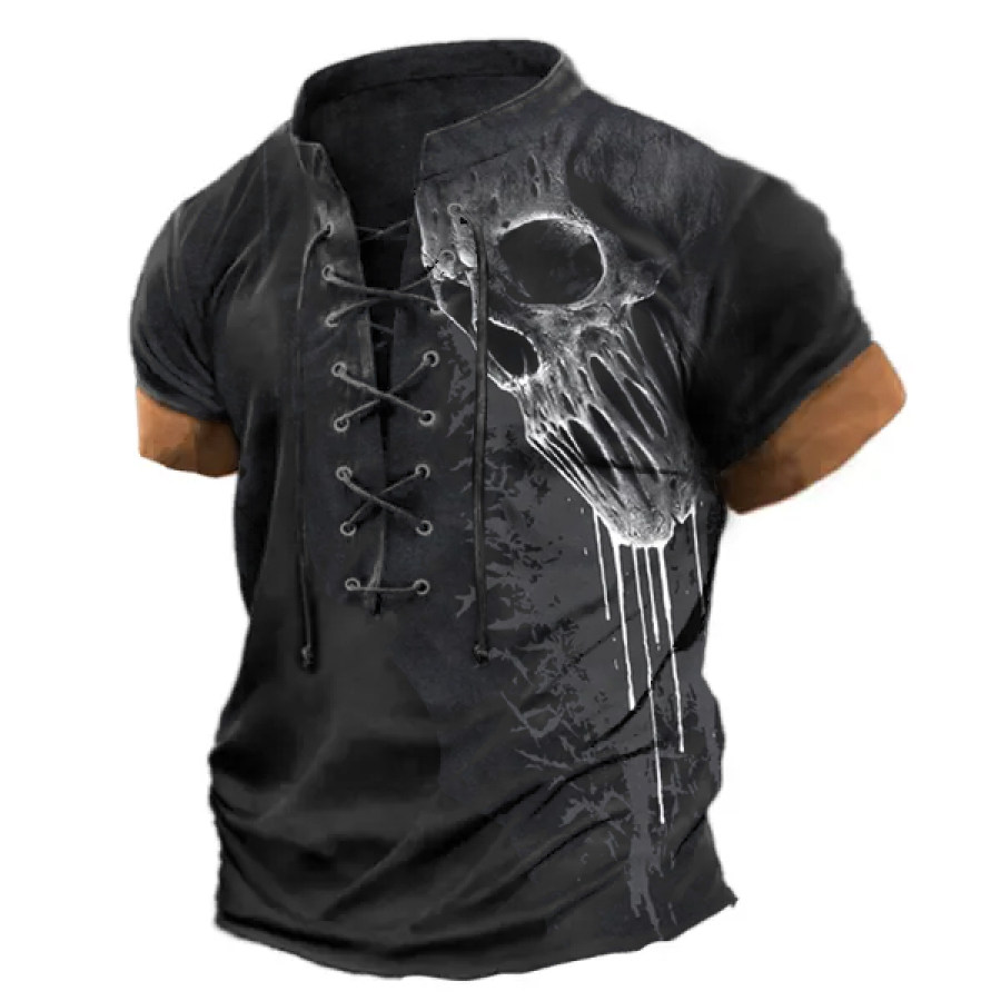 

Men's Vintage Skull Print Lace Up Colorblock Casual T-Shirt