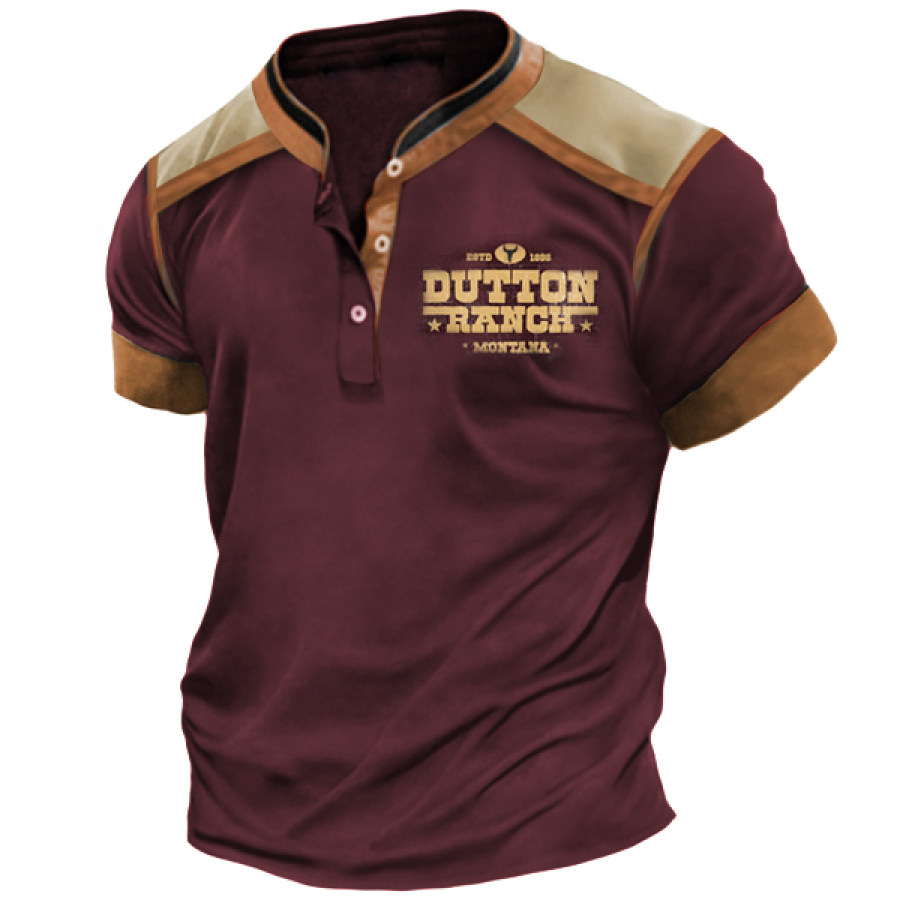 

Men's Vintage Yellowstone Logo Print Henley Short Sleeve T-Shirt