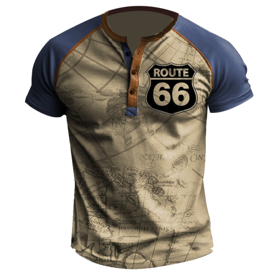 

Men's Color-paneled Route 66 Racing Bike Graphic Print Henley Collar T-shirt