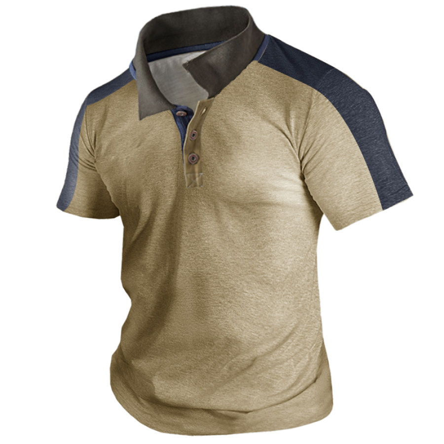 

Men's Breathable Retro Solid Color Stitching Polo Collar T-shirt