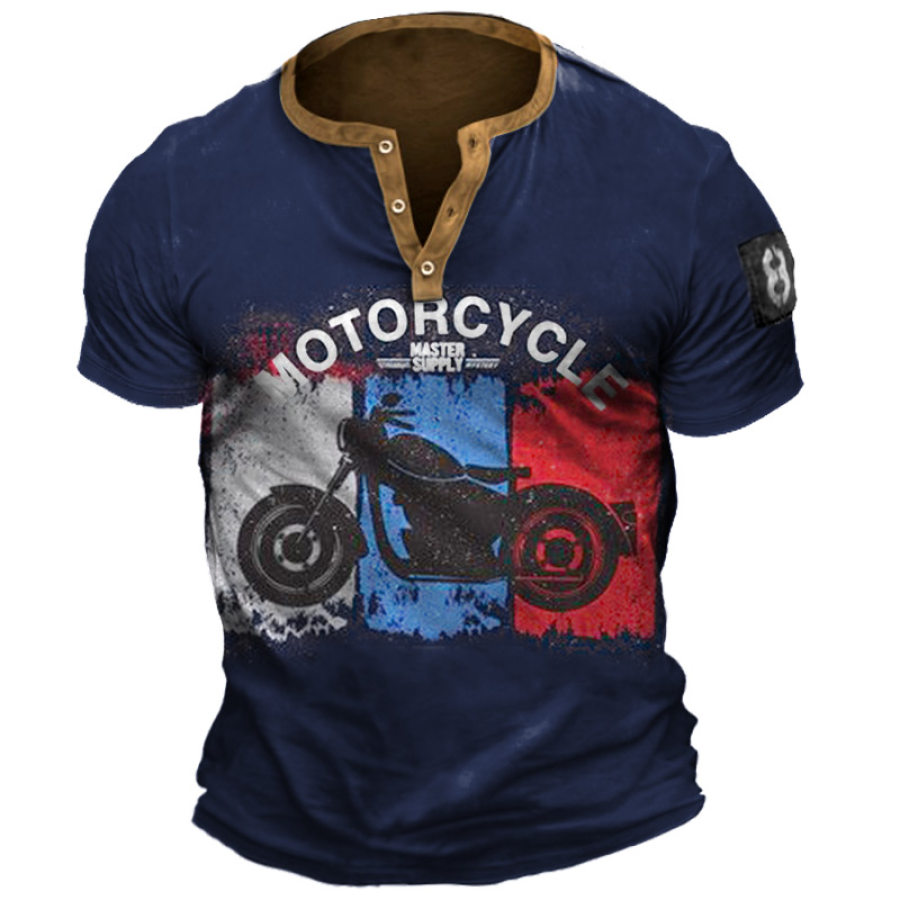 

Men's Motorcycle Print Henley Short Sleeve T-Shirt