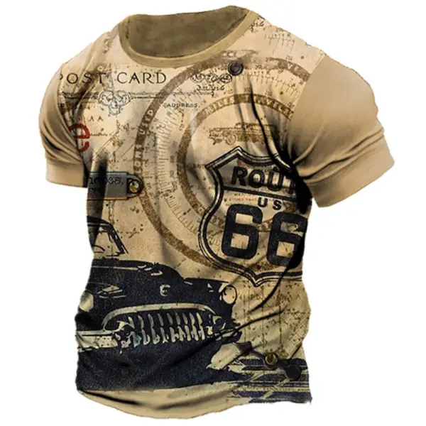 Men's Vintage Route 66 Print Short Sleeve T-Shirt - Kalesafe.com 