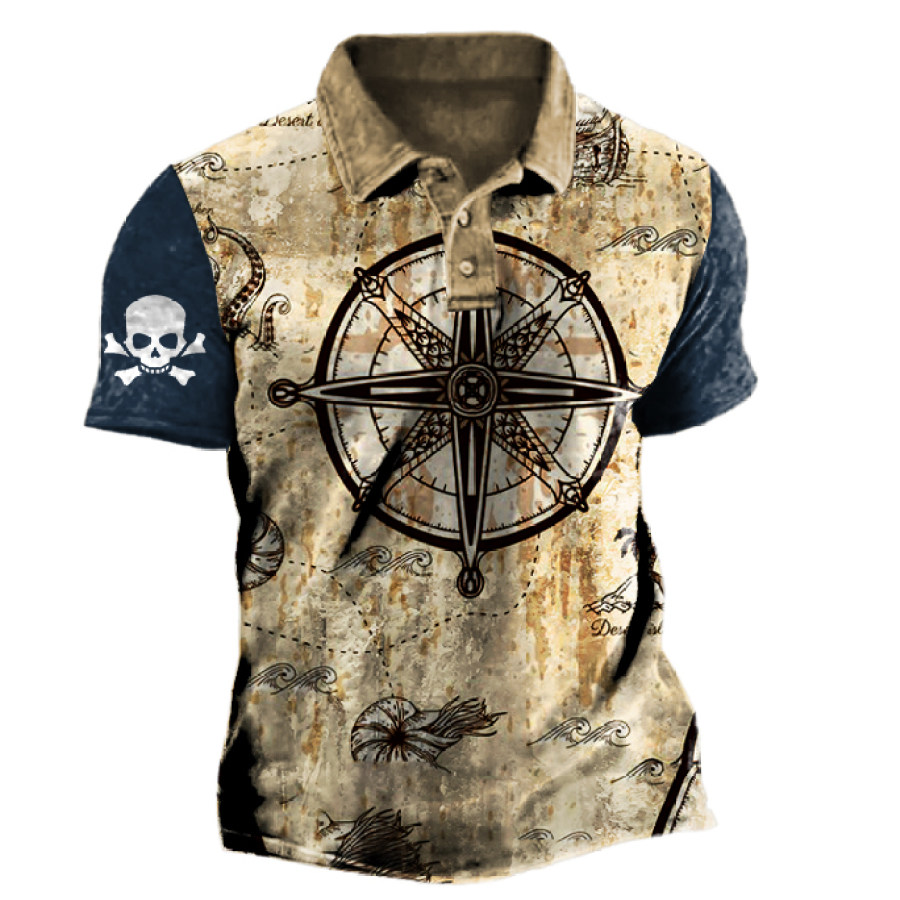 

Men's Vintage Nautical Compass Skull Print Colorblock Polo T-Shirt