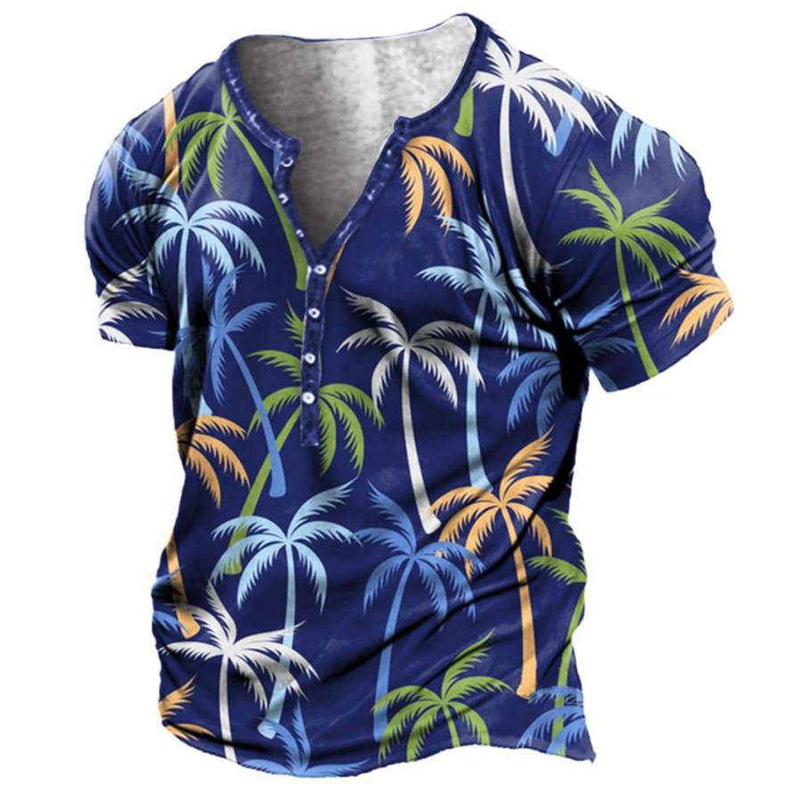 

Plus Size Men's Hawaiian Coconut Tree Print Henley T-Shirt