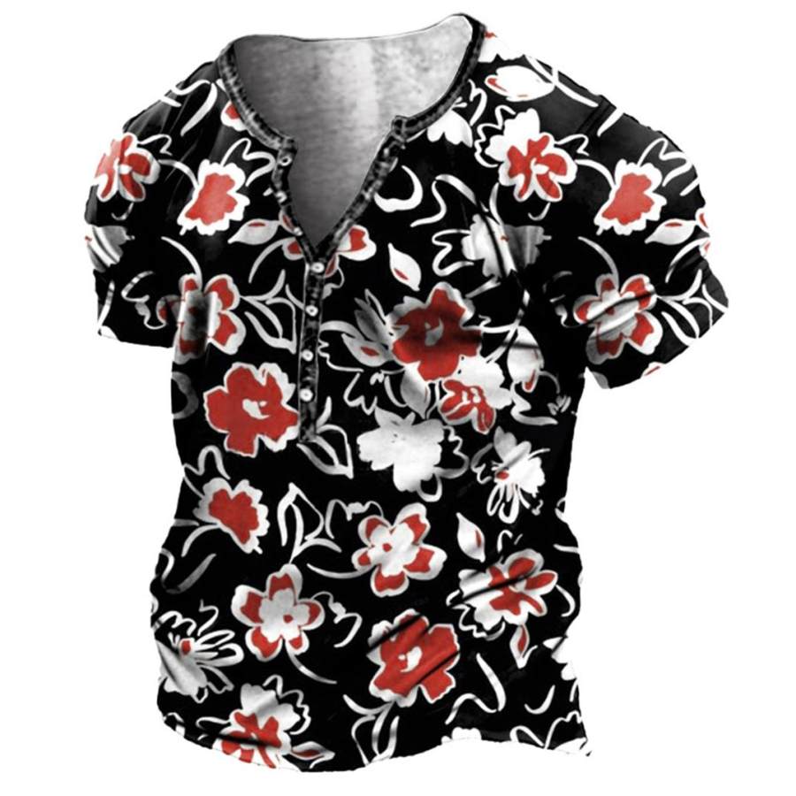 

Plus Size Men's Hawaiian Seamless Flower Print Henley T-Shirt