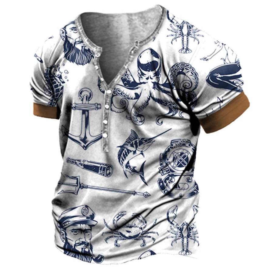 

Plus Size Men's Hawaiian Sea Life Nautical Compass Print Henley T-Shirt