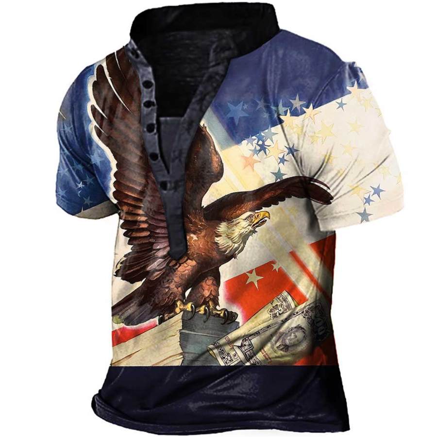 

Men's Vintage American Flag Eagle Print Henley T-Shirt