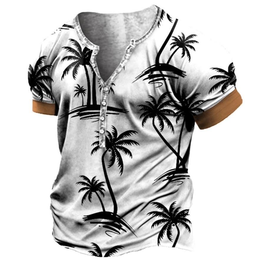 

Plus Size Men's Hawaiian Coconut Tree Print Henley T-Shirt