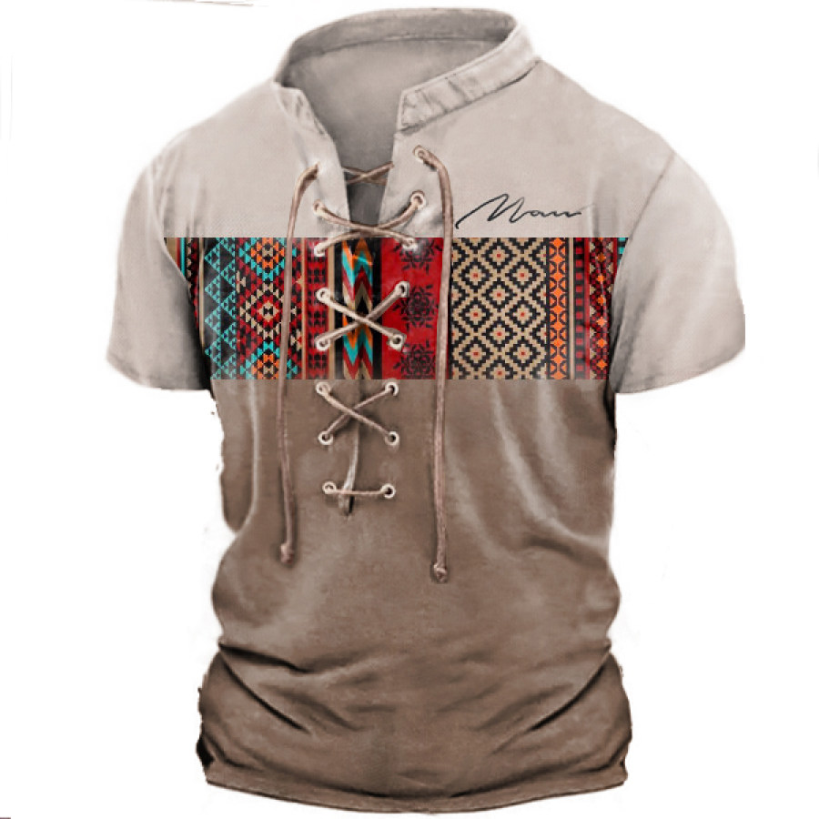 

Mens Vintage Geometric Pattern Patchwork Drawstring T-Shirt