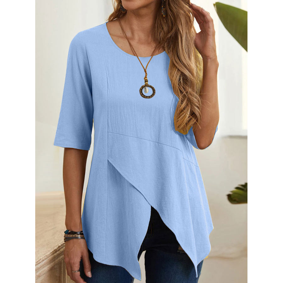 

Blusa Informal De Manga Corta De Color Sólido Suelto Con Cuello Redondo