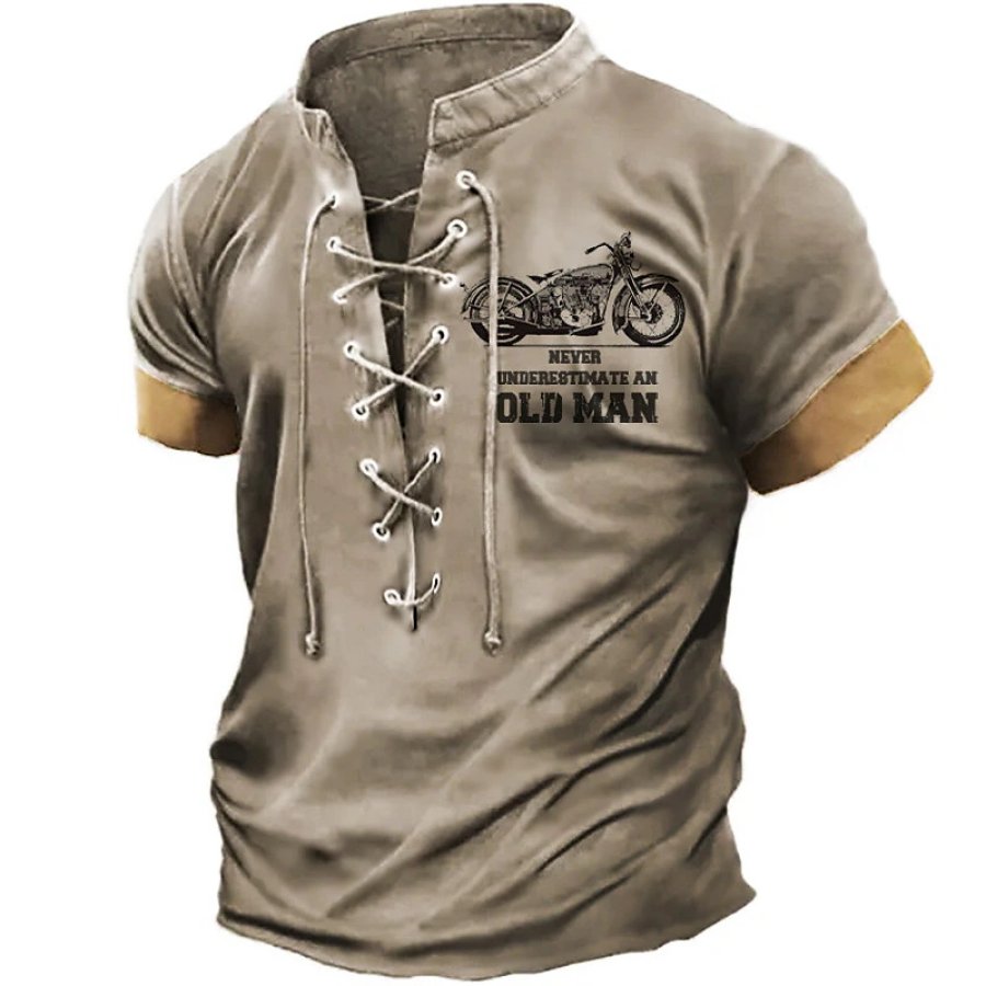 

Men's Vintage Motorcycle Old Man Lace-Up Stand Collar T-Shirt
