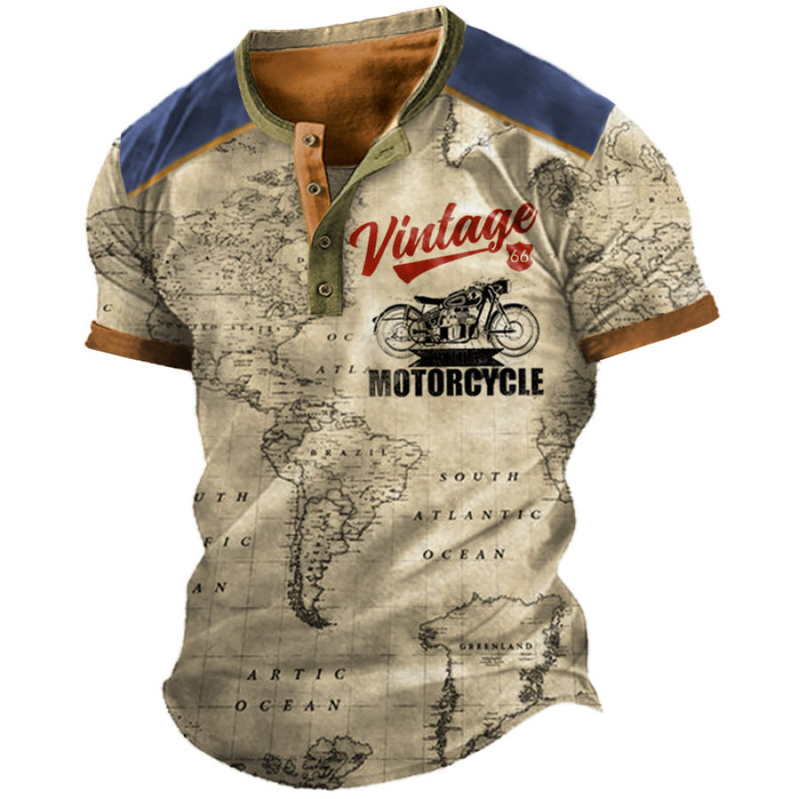 

Men's Vintage World Map Motorcycle Print Colorblock Henley T-Shirt