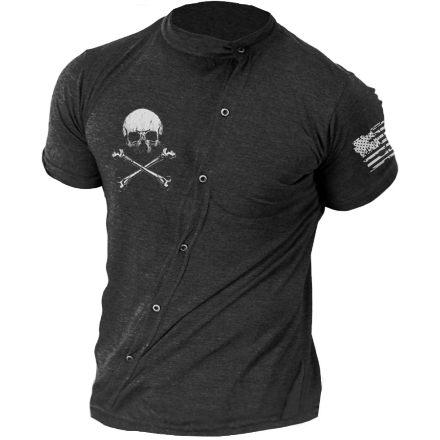 

Men's Vintage Skull Pirate Print Asymmetric Casual Stand Collar T-Shirt