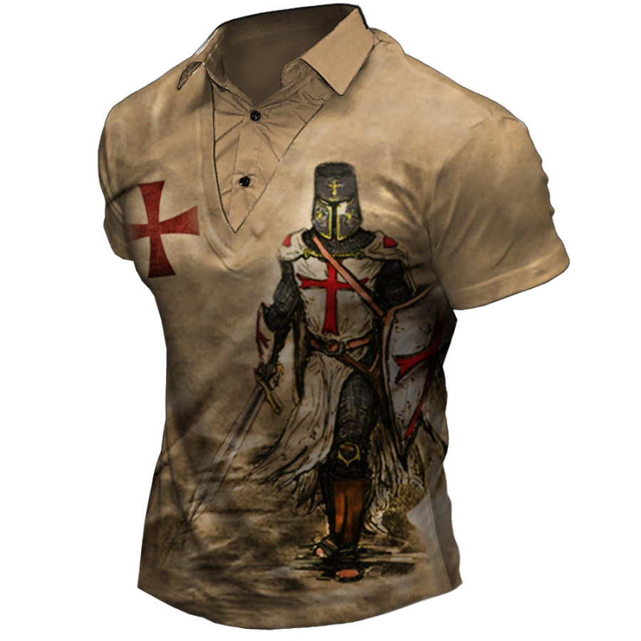 

Men's Vintage Templar Cross Print Button Lapel T-Shirt