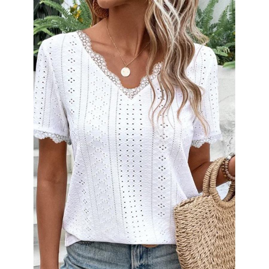 

Solid Short Sleeve Lace Hollow Casual T-shirt