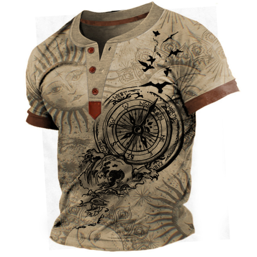 

Men's Vintage Nautical Compass Graphic Print Henley Neck T-Shirt