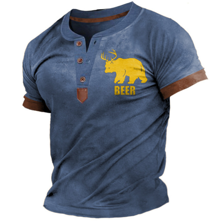 

Men's Deer + Bear Beer Graphic Print Henley Collar T-Shirt