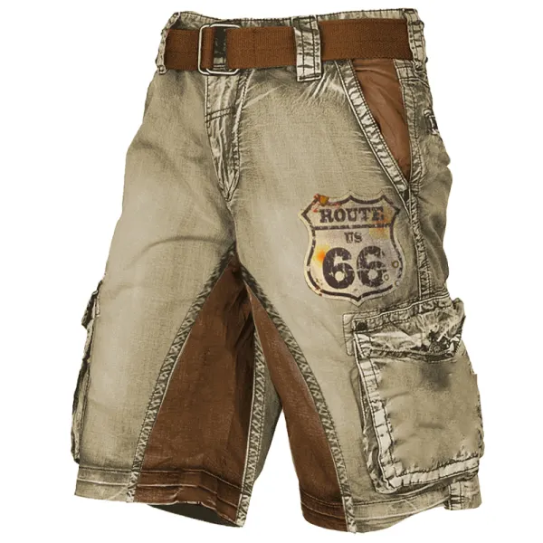 Men's Retro Route 66 Stressed Print Tactical Shorts - Blaroken.com 