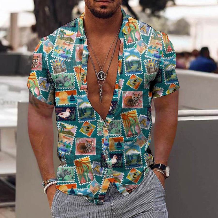 

Men's Hawaiian Stamps Print Short Sleeve Shirt