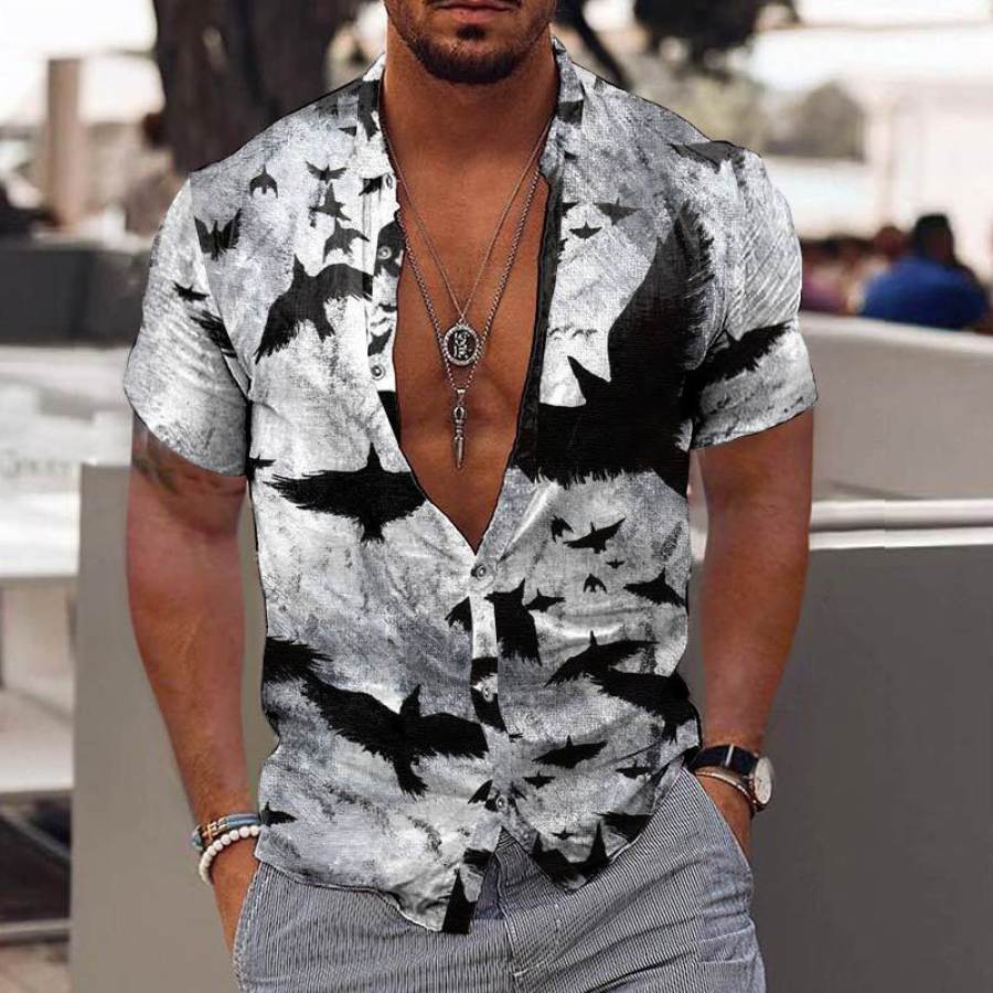 

Men's Evil Crow Print Casual Short Sleeve Shirt