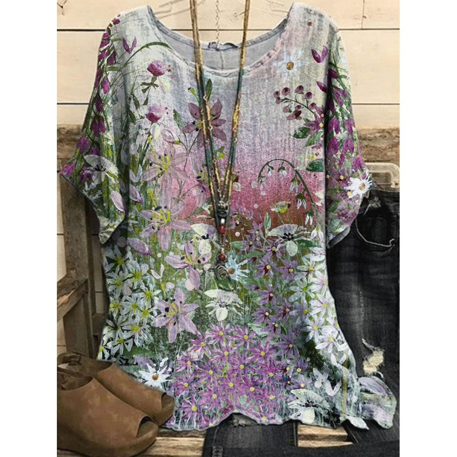 

Blusa De Manga Corta Con Estampado De Pintura Al óleo Floral Suelta Informal Con Cuello Redondo