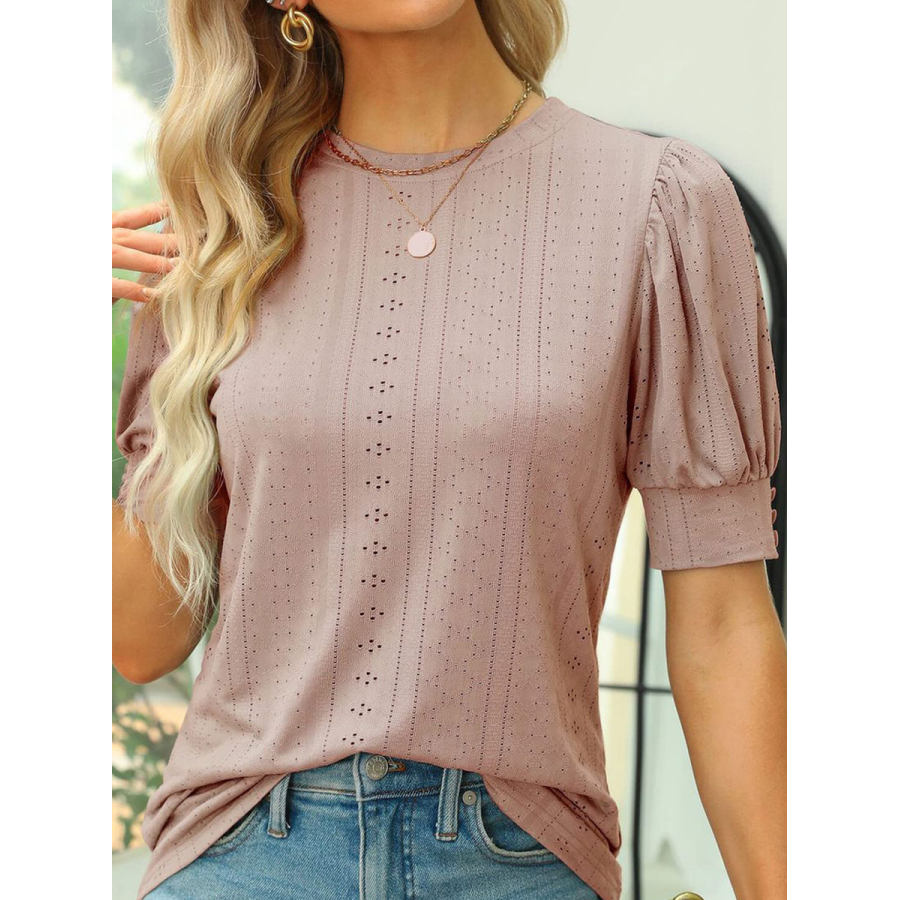 

Round Neck Casual Loose Embroidery Hollow Short-Sleeved T-Shirt