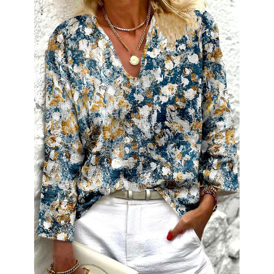 

V-Neck Casual Loose Flower Oil Painting Print Long-Sleeved Blouse