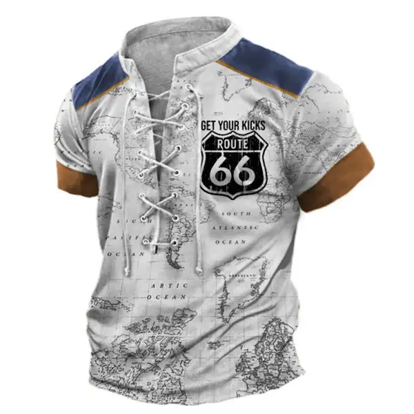 Men's Vintage World Map Route 66 Lace-Up Stand Collar T-Shirt - Kalesafe.com 